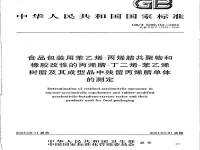 GB/T 5009.152-2003 食品包装用苯乙烯？丙烯腈共聚物和橡胶改性的丙烯腈？丁二烯？苯乙烯树脂及其成型品中残留丙烯腈单体的测定