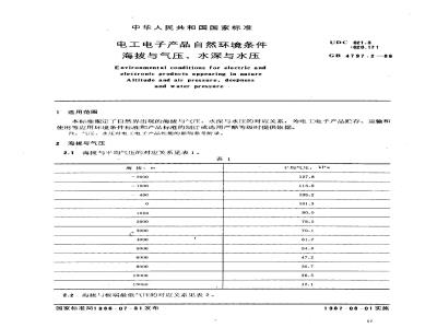 GB 4797.2-1986 电工电子产品自然环境条件 海拔和气压、水深与水压