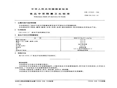 GB 2762-1994 食品中汞限量卫生标准