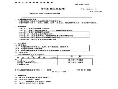GB 2744-1996 海水贝类卫生标准