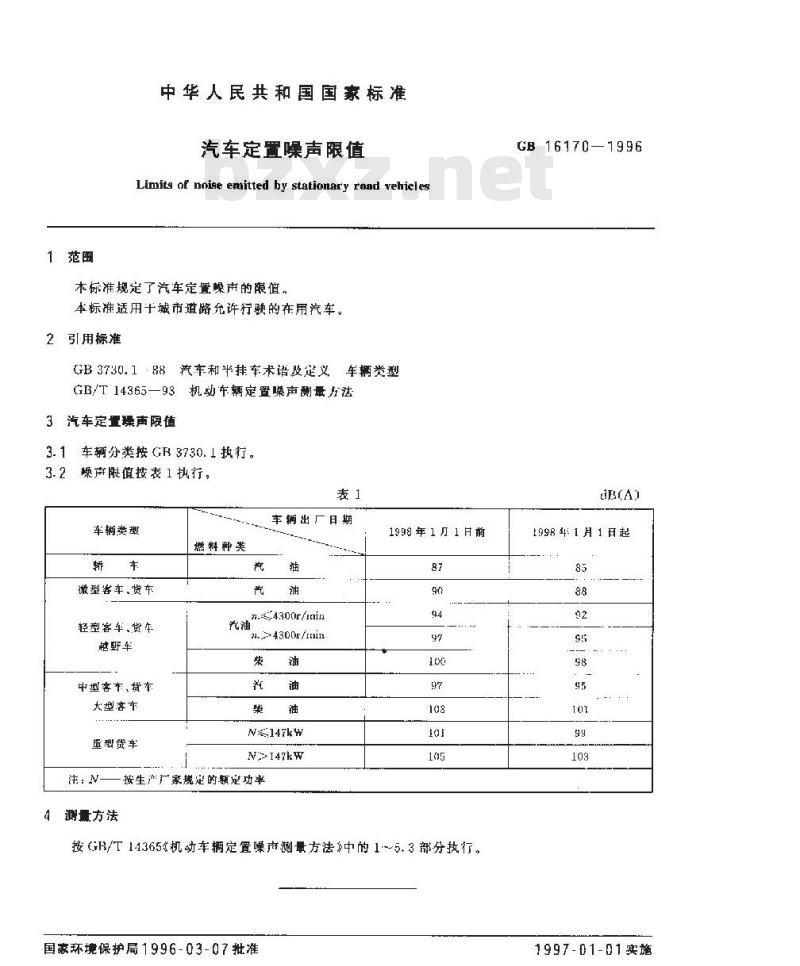 GB 16170-1996 汽车定置噪声限值 GB 16170-1996 汽车定置噪声限值