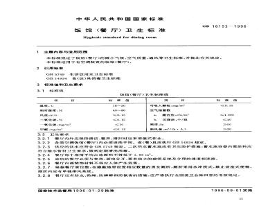 GB 16153-1996 饭馆(餐厅)卫生标准