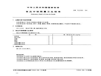 GB 15200-1994 食品中铁限量卫生标准