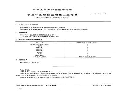 GB 15198-1994 食品中亚硝酸盐限量卫生标准