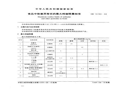 GB 15194-1994 食品中敌菌灵等农药最大残留限量标准