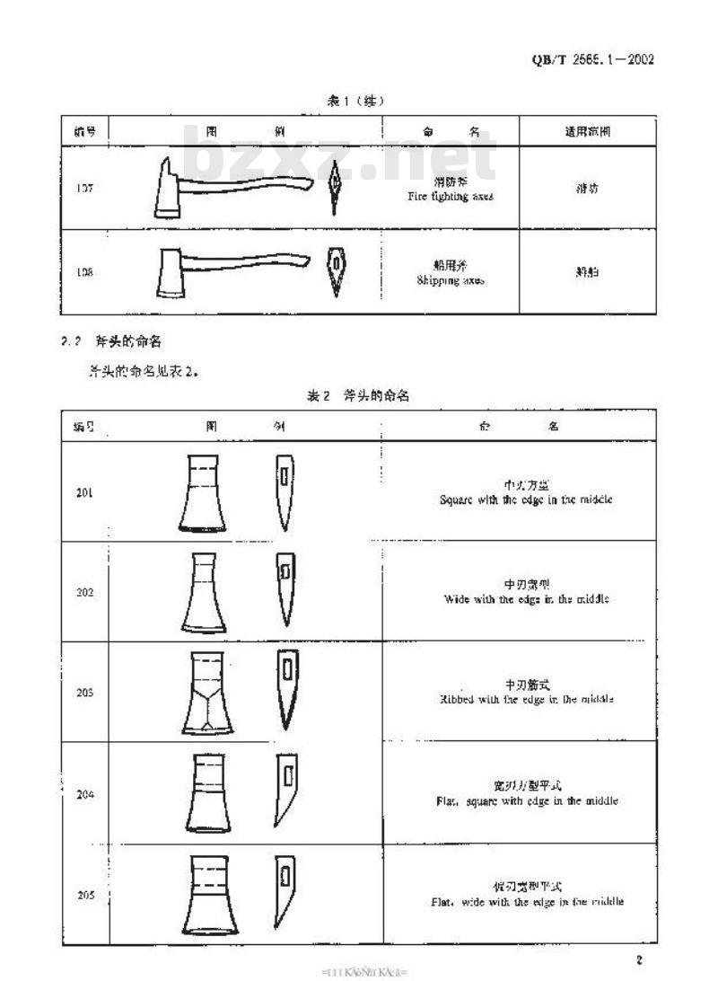QB/T 2565.1-2002 钢斧 命名与术语 QB/T 2565.1-2002 钢斧 命名与术语