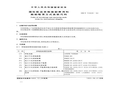 GB/T 15420-1994 国际航运货物装卸费用和船舶租赁方式条款代码