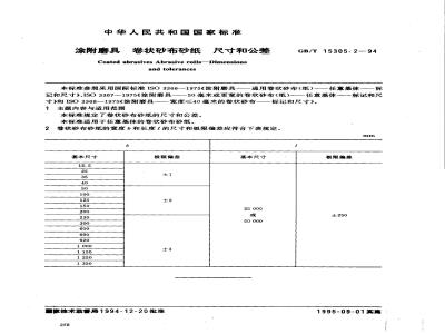 GB/T 15305.2-1994 涂附磨具 卷状砂布砂纸 尺寸和公差