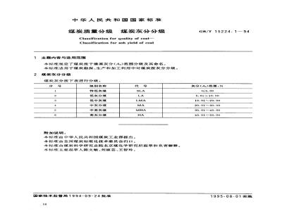 GB/T 15224.1-1994 煤炭质量分级 煤炭灰分分级