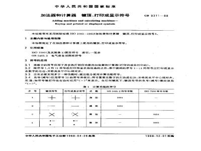 GB/T 9311-1988 加法器和计算器 键顶、打印或显示符号
