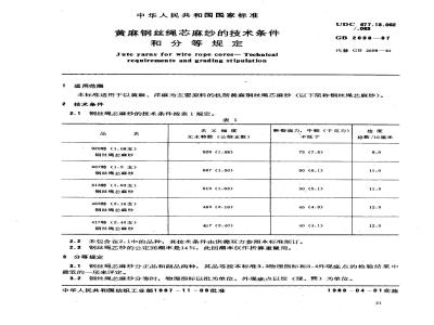 GB 2698-1987 黄麻钢丝绳芯麻纱的技术条件和分等规定