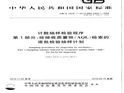 GB/T 2828.1-2012计数抽样检验程序 第1部分：按接收质量限(AQL)检索的逐批检验抽样计划 