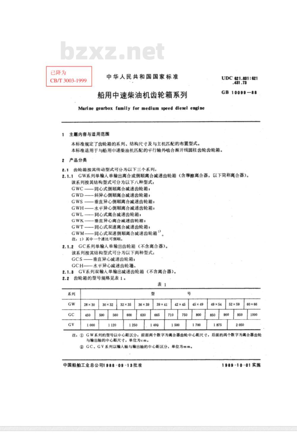 GB 10098～10099-1988 船用中速柴油机齿轮箱系列和技术条件 [合订本]