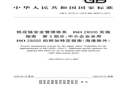 GB/T 40753.3-2024供应链安全管理体系 ISO 28000实施指南 第3部分：中小企业采用ISO 28000的附加特定指南（海港除外） 