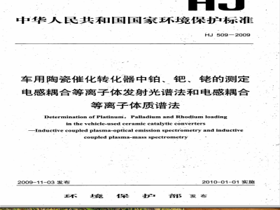 HJ 509-2009 车用陶瓷催化转化器中铂、钯、铑的测定 电感耦合等离子体发射光谱法和电感耦合等离子体质谱法