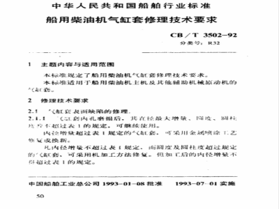 CB/T 3502-1992 Technical requirements for repair of cylinder liners of marine diesel engines