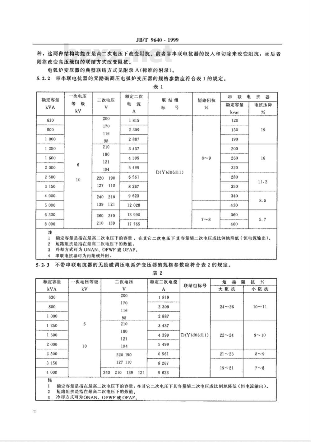 JB/T 9640-1999 电弧炉 变压器 JB/T 9640-1999 电弧炉 变压器