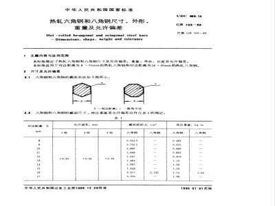 GB 705-1989 热轧六角钢和八角钢尺寸、外形、重量及允许偏差
