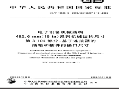 GB/T 19520.15-2009 电子设备机械结构 482.6mm(19in)系列机械结构尺寸 第3-104部分：基于连接器的插箱和插件的接口尺寸