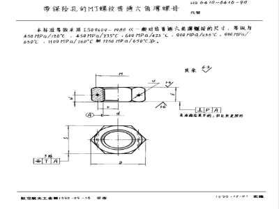 HB 6413-1990 带保险孔的ＭＪ螺纹普通六角薄螺母