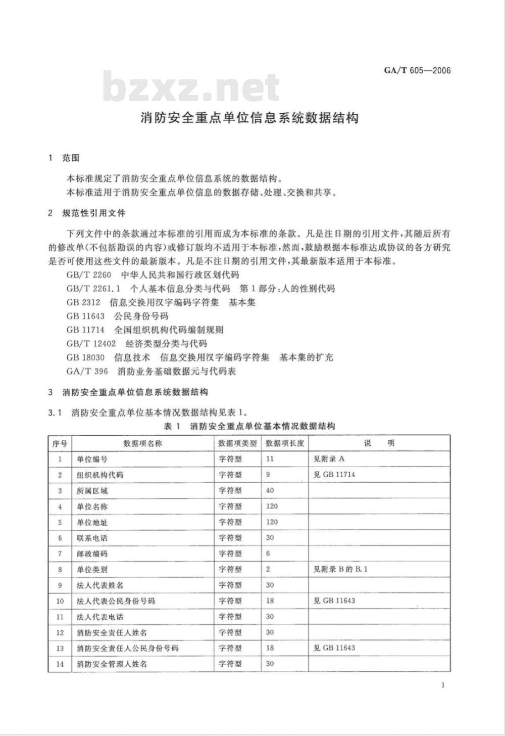 GA/T 605-2006 消防安全重点单位信息系统数据结构