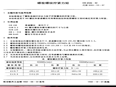 HB 6586-1992 螺栓螺纹拧紧力矩