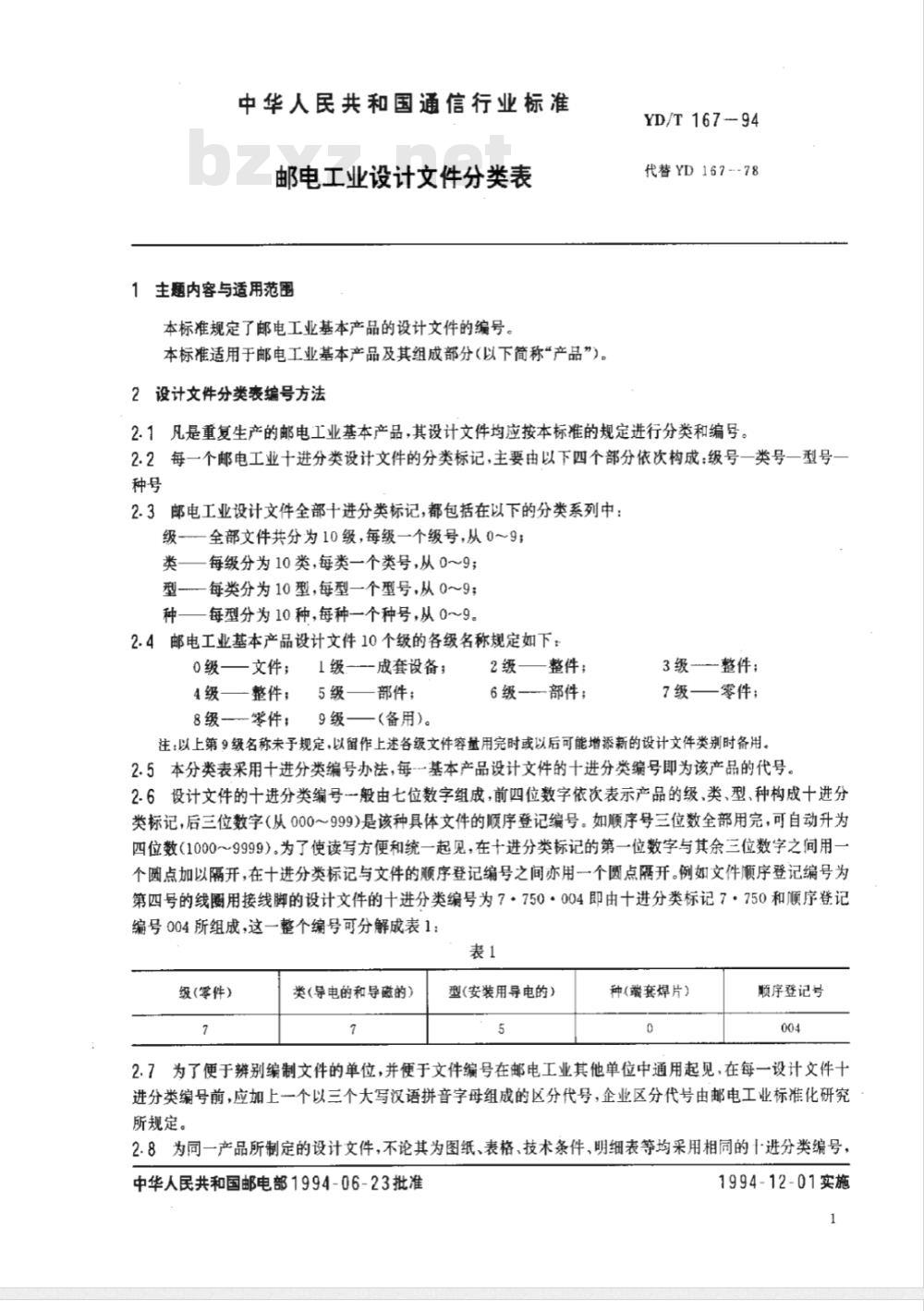 YD/T 167-1994 邮电工业设计文件分类表 YD/T 167-1994 邮电工业设计文件分类表