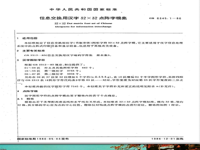 GB 6345.1-1986 信息交换用汉字32×32点阵字模集