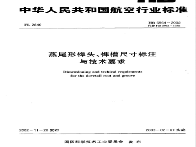 HB 5964-2002 燕尾形榫头、榫槽尺寸标注与技术要求