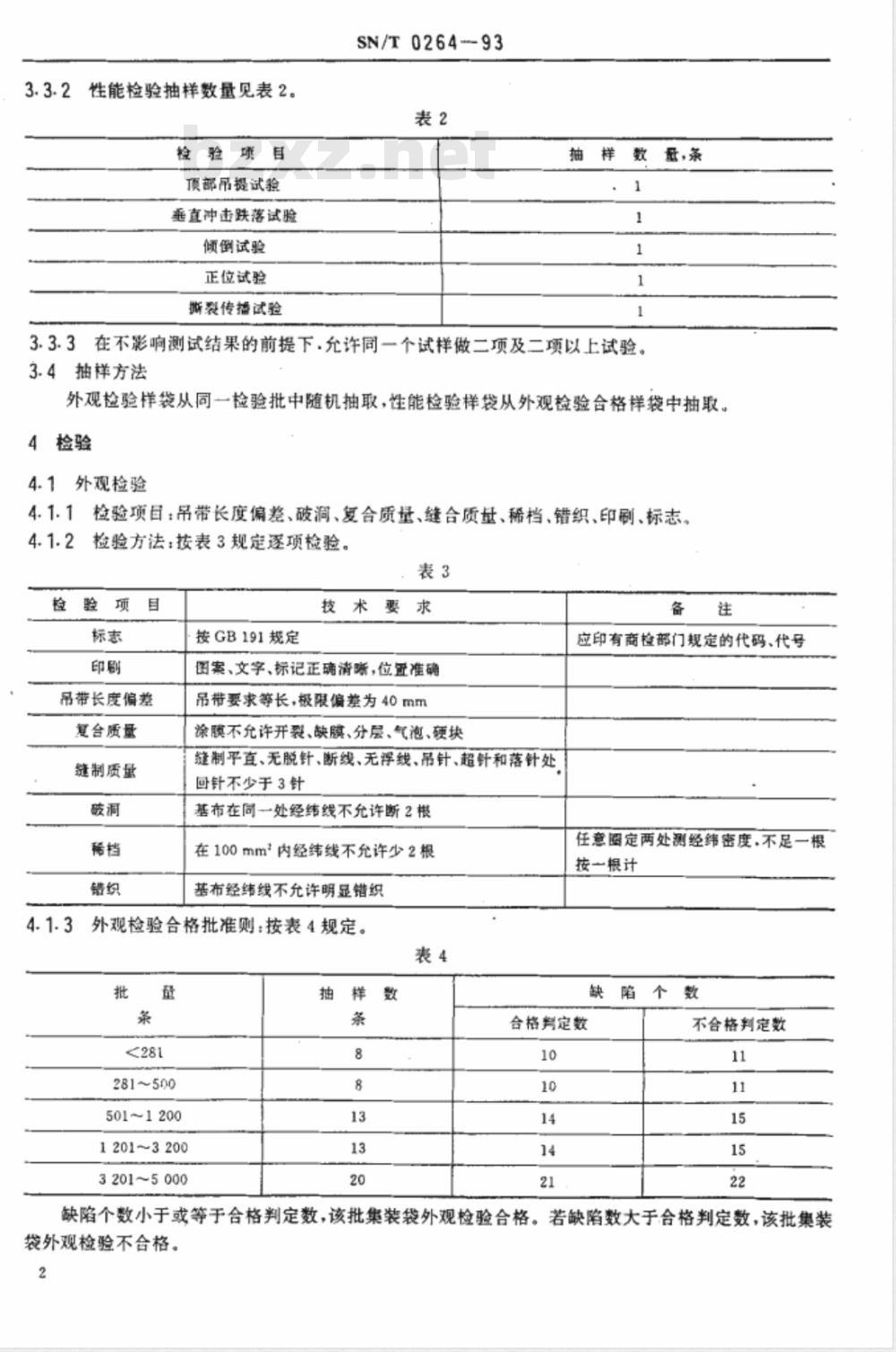 SN/T 0264-1993 出口商品运输包装 柔性集装袋检验规程 SN/T 0264-1993 出口商品运输包装 柔性集装袋检验规程