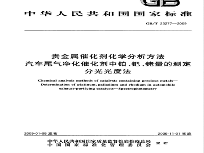 GB/T 23277-2009  贵金属催化剂化学分析方法 汽车尾气净化催化剂中铂、钯、铑量的测定 分光光度法