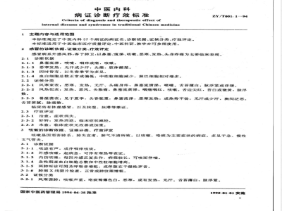 ZY/T 001.1-1994 中医内科病证诊断疗效标准