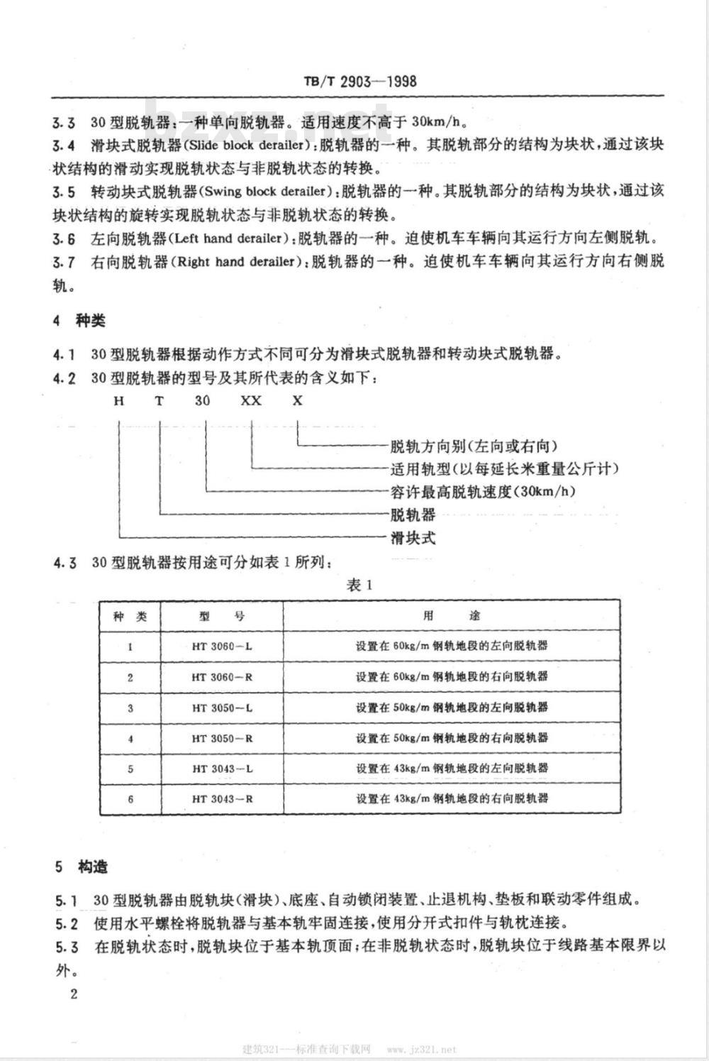 TB/T 2903-1998 30型脱轨器 TB/T 2903-1998 30型脱轨器