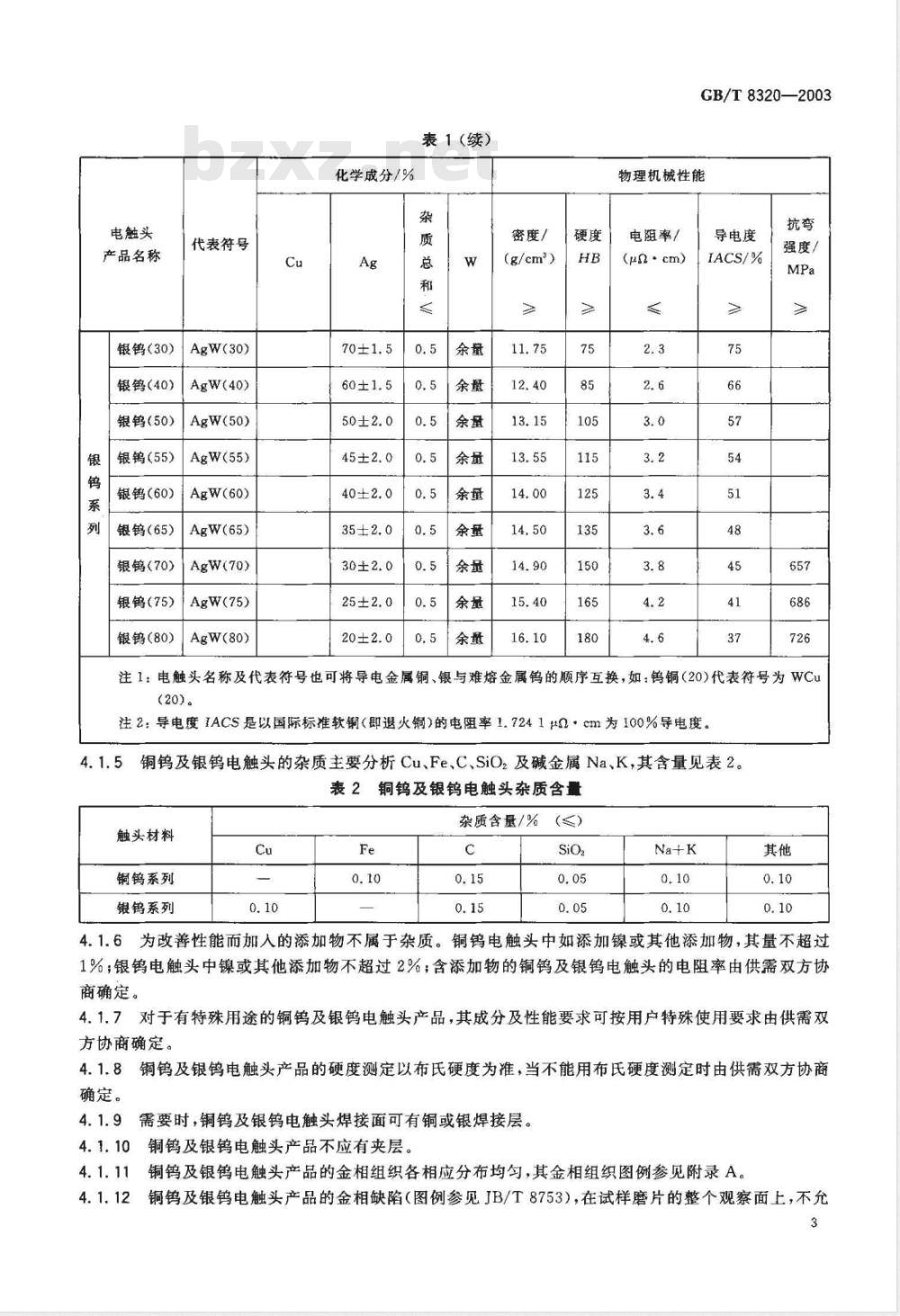 GB/T 8320-2003 铜钨及银钨电触头 GB/T 8320-2003 铜钨及银钨电触头