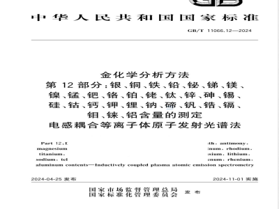 GB/T 11066.12-2024金化学分析方法 第12部分： 银、铜、铁、铅、铋、锑、镁、镍、锰、钯、铬、铂、铑、钛、锌、砷、锡、硅、钴、钙、钾、锂、钠、碲、钒、锆、镉、钼、铼、铝含量的测定 电感耦合等离子体原子发射光谱法 