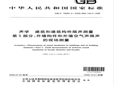 GB/T 19889.5-2006 声学 建筑和建筑构件隔声测量 第5部分:外墙构件和外墙空气声隔声的现场测量