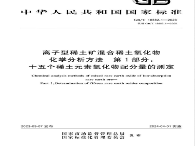 GB/T 18882.1-2023离子型稀土矿混合稀土氧化物化学分析方法 第1部分：十五个稀土元素氧化物配分量的测定 