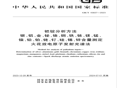 GB/T 43607-2023钯锭分析方法 银、铝、金、铋、铬、铜、铁、铱、镁、锰、镍、铅、铂、铑、钌、硅、锡、锌含量测定 火花放电原子发射光谱法 