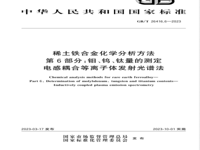 GB/T 26416.6-2023稀土铁合金化学分析方法 第6部分：钼、钨、钛量的测定 电感耦合等离子体发射光谱法 