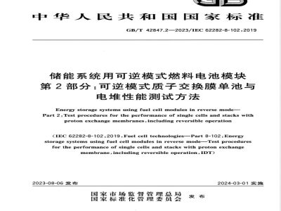 GB/T 42847.2-2023储能系统用可逆模式燃料电池模块 第2部分：可逆模式质子交换膜单池与电堆性能测试方法 