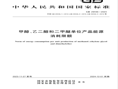 GB 29436-2023甲醇、乙二醇和二甲醚单位产品能源消耗限额 