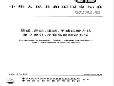 GB/T 14625.2-2008 篮球、足球、排球、手球试验方法 第2部分：反弹高度测定方法