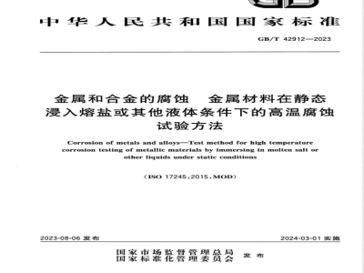 GB/T 42912-2023金属和合金的腐蚀 金属材料在静态浸入熔盐或其他液体条件下的高温腐蚀试验方法 