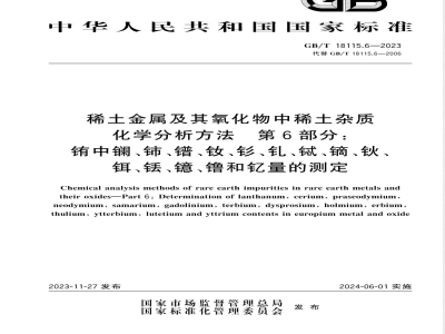 GB/T 18115.6-2023稀土金属及其氧化物中稀土杂质化学分析方法 第6部分：铕中镧、铈、镨、钕、钐、钆、铽、镝、钬、铒、铥、镱、镥和钇量的测定 