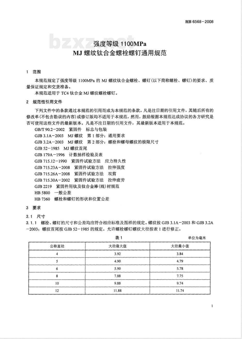 HB 6568-2008 强度等级1100MPaMJ螺纹钛合金螺栓螺钉通用规范 HB 6568-2008 强度等级1100MPaMJ螺纹钛合金螺栓螺钉通用规范