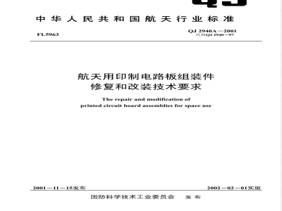QJ 2940A-2001 航天用印制电路板组装件修复和改装技术要求