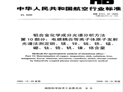 HB 6731.10-2005 铝合金化学成分光谱分析方法 第10部分:电感耦合等离子体原子发射光谱法测定铜、镁、锌、镉、铁、锰、硼、钛、锆、钒、镍、铬含量