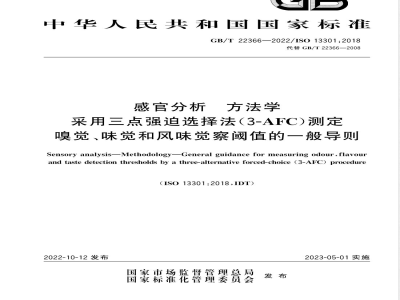 GB/T 22366-2022感官分析 方法学 采用三点强迫选择法（3-AFC）测定嗅觉、味觉和风味觉察阈值的一般导则 