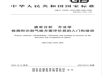 GB/T 15549-2022感官分析 方法学 检测和识别气味方面评价员的入门和培训 