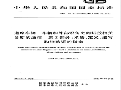 GB/T 42193.2-2022道路车辆 车辆和外部设备之间排放相关诊断的通信 第2部分：术语、定义、缩写和缩略语的指南 